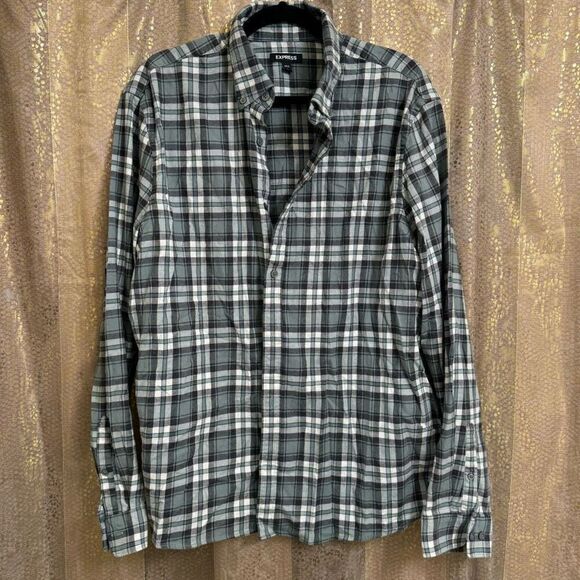 Express Mens Sage Green Black Flannel Long Sleeve Button Up Shirt XL - Picture 1 of 6